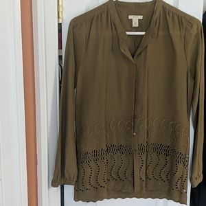 JCrew olive green button up shirt w/eyelet scallop